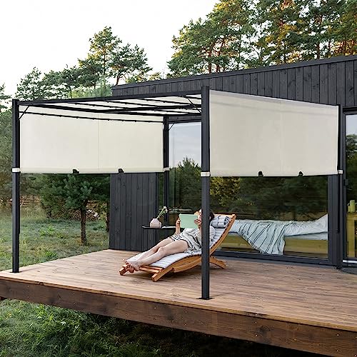 10 x 10 ft Pergola, Outdoor Pergola with Retractable Sun Shade Canopy and 60 Solar String Lights, Patio Metal Gazebo for BBQ, Party, Wedding, Patio, Backyard, Deck, Garden Beige