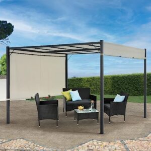 10 x 10 ft Pergola, Outdoor Pergola with Retractable Sun Shade Canopy and 60 Solar String Lights, Patio Metal Gazebo for BBQ, Party, Wedding, Patio, Backyard, Deck, Garden Beige