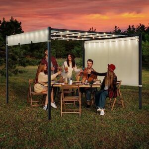 10 x 10 ft Pergola, Outdoor Pergola with Retractable Sun Shade Canopy and 60 Solar String Lights, Patio Metal Gazebo for BBQ, Party, Wedding, Patio, Backyard, Deck, Garden Beige