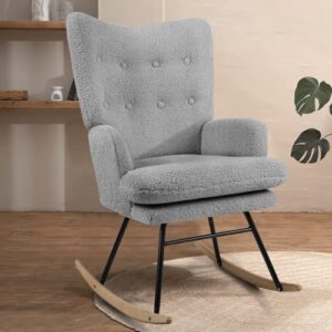 waleaf rocking chair nursery chair teddy upholstered glider rocker rocking accent chair padded seat with high backrest armchair bedroom chair comfy chair (grey)…