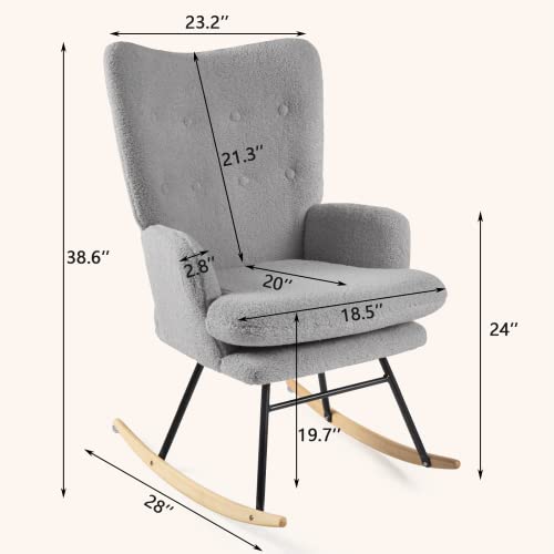 Waleaf Rocking Chair Nursery Chair Teddy Upholstered Glider Rocker Rocking Accent Chair Padded Seat with High Backrest Armchair Bedroom Chair Comfy Chair (Grey)…