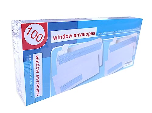 100 Count - #10 Security Business Envelopes, With Window, Security Inside Tint Pattern, Peal & Seal Closure, Size 4-1/8 x 9-1/2 Inches, White 24 LB, 100 Count