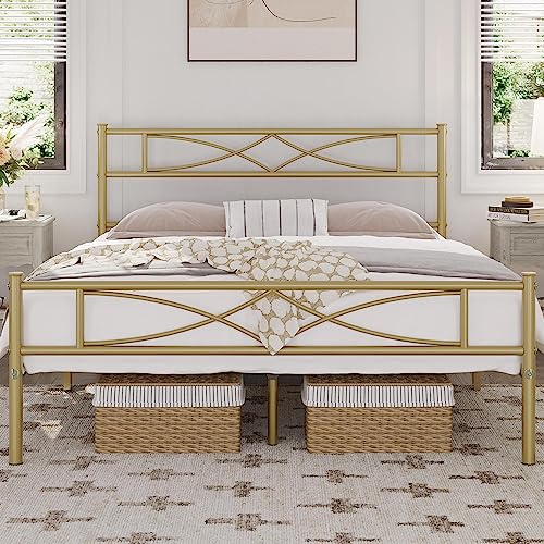 Yaheetech Metal Full Size Bed Frame, Platform Bed Frame, Mattress Foundation with Curved Design Headboard & Footboard, NO Box Spring Needed, Heavy-Duty Support, Easy Assembly, Full,Antique Gold