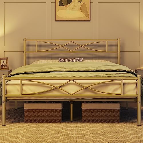 Yaheetech Metal Full Size Bed Frame, Platform Bed Frame, Mattress Foundation with Curved Design Headboard & Footboard, NO Box Spring Needed, Heavy-Duty Support, Easy Assembly, Full,Antique Gold