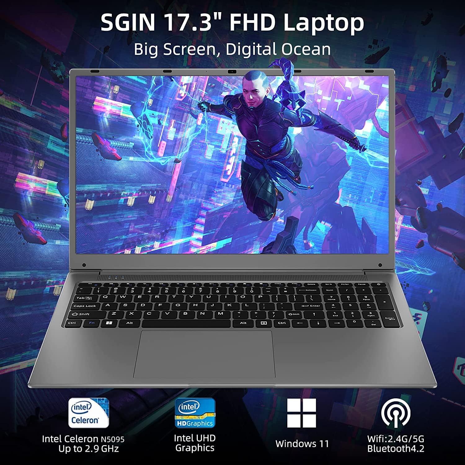 SGIN 17 Inch Windows 11 Laptop, 24GB RAM 512GB SSD Laptops Computer with Intel Celeron Quad Core Processor(Up to 2.9 GHz), IPS Display, Mini HDMI, Webcam, Dual Wi-Fi,Bluetooth, 512GB Expansion