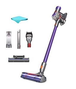 dyson v8 origin+ cordless stick vacuum cleaner | purple, hepa filter, bagless, telescopic handle, rotating brushes, battery operated, up to 40 min runtime, 2-year warranty, with 5ave microfiber cloth