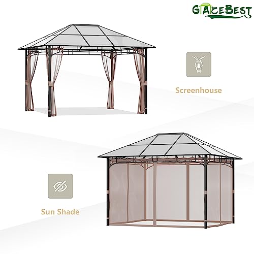 LATTOY 10' X 12' Permanent Hardtop Gazebo, Outdoor Polycarbonate Roof Pavilion Pergola Canopy for Patio, Garden