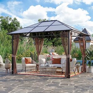 lattoy 10' x 12' permanent hardtop gazebo, outdoor polycarbonate roof pavilion pergola canopy for patio, garden