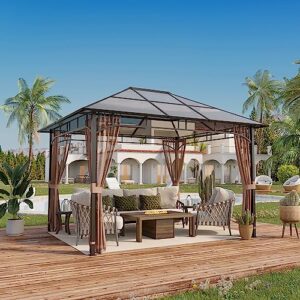 LATTOY 10' X 12' Permanent Hardtop Gazebo, Outdoor Polycarbonate Roof Pavilion Pergola Canopy for Patio, Garden