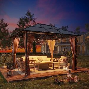 LATTOY 10' X 12' Permanent Hardtop Gazebo, Outdoor Polycarbonate Roof Pavilion Pergola Canopy for Patio, Garden