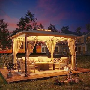 lattoy metal patio gazebo 10'x12' waterproof canopy shelter with double roof and steel frame pergola instant shade canopy tent with mosquito nettings for patio,garden,yard