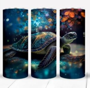 glitter sea turtle tumbler- 20oz skinny tumble stainless steel insulated tumbler with straw and grip pad on bottom - comes in a gift box