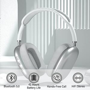 Wireless Headphones Over-Ear Bluetooth Adjustable Headphones 42 Hours of Listening Time Volume Control, Fitting in Gaming/Running/Sports Headphones for iPhone/Android/Samsung - Silver