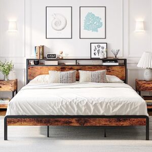 likimio king size bed frame, platform bed with 2-tier storage headboard, solid and stable, noise free, no box spring needed, easy assembly, vintage brown
