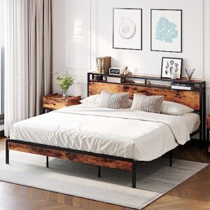 LIKIMIO King Size Bed Frame, Platform Bed with 2-Tier Storage Headboard, Solid and Stable, Noise Free, No Box Spring Needed, Easy Assembly, Vintage Brown
