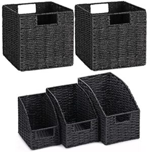 vagusicc wicker storage baskets, set of 2 hand-woven foldable cube storage baskets with handles 13 inches + set of 3 shelf baskets organizer small wicker baskets for pantry office kitchen, black
