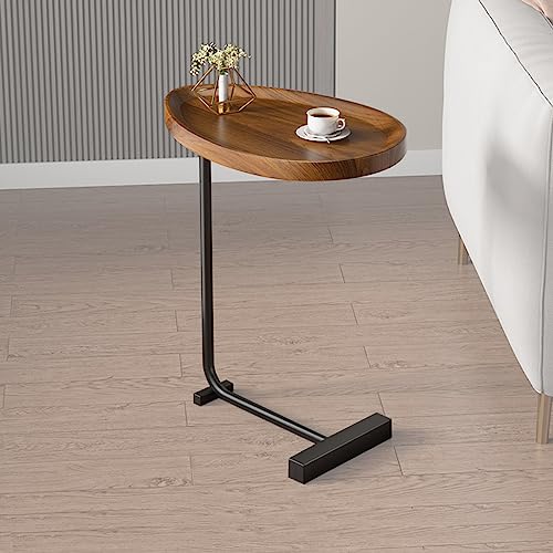 TRUNYAQI C Shaped Bed Side Table, Small Spaces End Table for Sofa and Bedside, Couch Tables That Slide Under, Small Coffee Side Table for Bedroom Living Room, 18”L X 12”W Tabletop (Brown+Black)