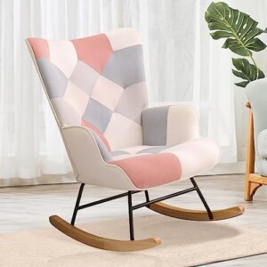 kgopk rocking chair upholstered rocking chairs for living room,high back arm chair comfy side chair with wooden base nursery glider rocker for bedroom,office (patchwork pink)