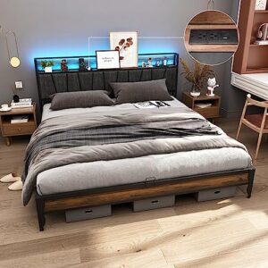 squireewo led king size bed frame with outlets & usb/type-c port and storage headboard, metal platform bed with charging station and for bedroom, no box spring needed, rustic brown