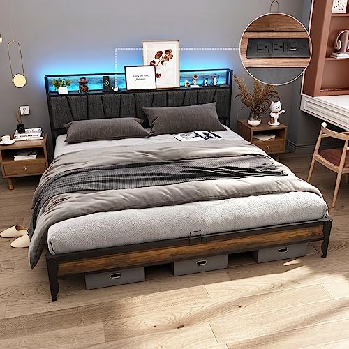 Squireewo LED King Size Bed Frame with Outlets & USB/Type-C Port and Storage Headboard, Metal Platform Bed with Charging Station and for Bedroom, No Box Spring Needed, Rustic Brown