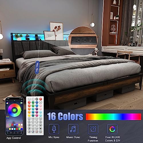Squireewo LED King Size Bed Frame with Outlets & USB/Type-C Port and Storage Headboard, Metal Platform Bed with Charging Station and for Bedroom, No Box Spring Needed, Rustic Brown