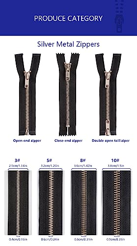 2PCS 8# 20 Inch Close End Zippers for Sewing Bags Crafts Jackets,Silver Metal Teeth（Black Belt-50cm 2PCS）