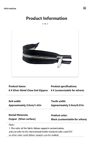2PCS 8# 20 Inch Close End Zippers for Sewing Bags Crafts Jackets,Silver Metal Teeth（Black Belt-50cm 2PCS）