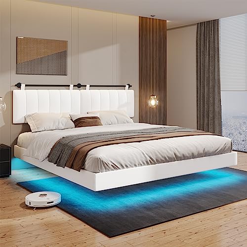 Hasuit King Floating Bed Frame with Led Light, Modern Inspired King Size Bed Platform, Vegan Leather Upholstered Wall Mounted Headboard, No Box Spring Needed, Noise Free, Easy Assembly