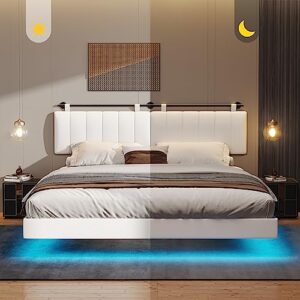 Hasuit King Floating Bed Frame with Led Light, Modern Inspired King Size Bed Platform, Vegan Leather Upholstered Wall Mounted Headboard, No Box Spring Needed, Noise Free, Easy Assembly