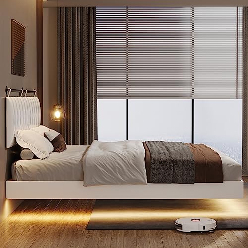 Hasuit King Floating Bed Frame with Led Light, Modern Inspired King Size Bed Platform, Vegan Leather Upholstered Wall Mounted Headboard, No Box Spring Needed, Noise Free, Easy Assembly