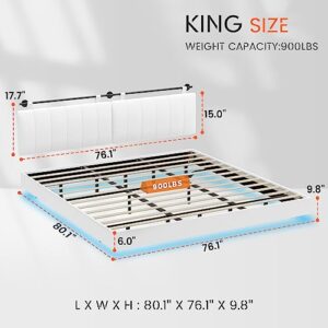 Hasuit King Floating Bed Frame with Led Light, Modern Inspired King Size Bed Platform, Vegan Leather Upholstered Wall Mounted Headboard, No Box Spring Needed, Noise Free, Easy Assembly