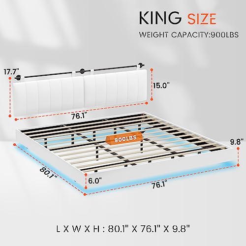 Hasuit King Floating Bed Frame with Led Light, Modern Inspired King Size Bed Platform, Vegan Leather Upholstered Wall Mounted Headboard, No Box Spring Needed, Noise Free, Easy Assembly