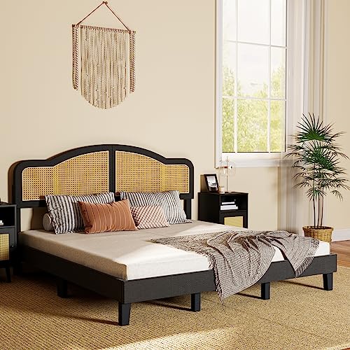 Cozy Castle Wooden King Size Bed Frame with Adjustable Rattan headboard, Boho Platform Bed Frame, No Box Spring Needed, Black