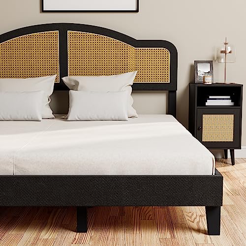 Cozy Castle Wooden King Size Bed Frame with Adjustable Rattan headboard, Boho Platform Bed Frame, No Box Spring Needed, Black