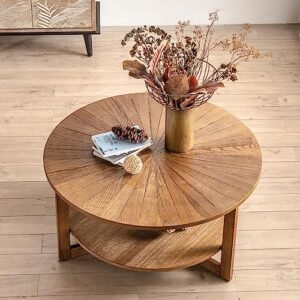 ds-homeport round wood coffee table for living room, 2 tier sturdy circle round coffee table with large storage, rustic farmhouse round coffee table, 35.3''dx17.8''h