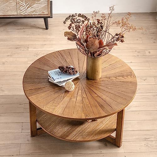 DS-HOMEPORT Round Wood Coffee Table for Living Room, 2 Tier Sturdy Circle Round Coffee Table with Large Storage, Rustic Farmhouse Round Coffee Table, 35.3''Dx17.8''H