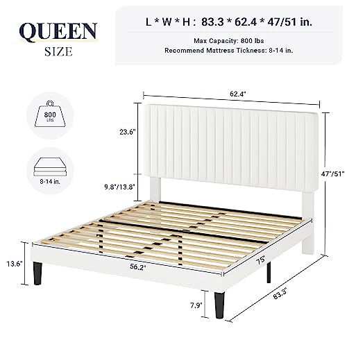 Allewie Queen Bed Frame, Velvet Upholstered Platform Bed with Adjustable Vertical Channel Tufted Headboard, Mattress Foundation with Strong Wooden Slats, Box Spring Optional, Easy Assembly, Off-White