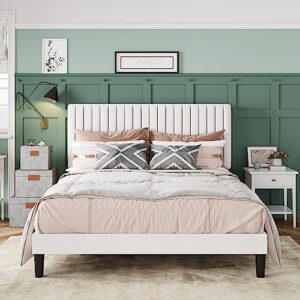 allewie queen bed frame, velvet upholstered platform bed with adjustable vertical channel tufted headboard, mattress foundation with strong wooden slats, box spring optional, easy assembly, off-white