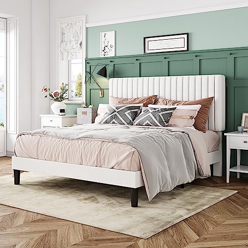 Allewie Queen Bed Frame, Velvet Upholstered Platform Bed with Adjustable Vertical Channel Tufted Headboard, Mattress Foundation with Strong Wooden Slats, Box Spring Optional, Easy Assembly, Off-White