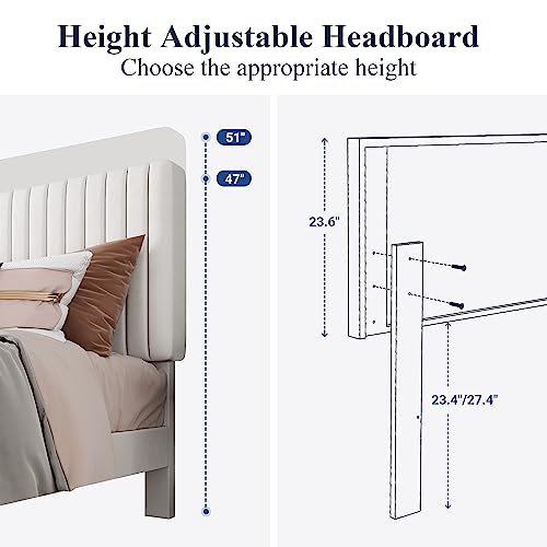 Allewie Queen Bed Frame, Velvet Upholstered Platform Bed with Adjustable Vertical Channel Tufted Headboard, Mattress Foundation with Strong Wooden Slats, Box Spring Optional, Easy Assembly, Off-White