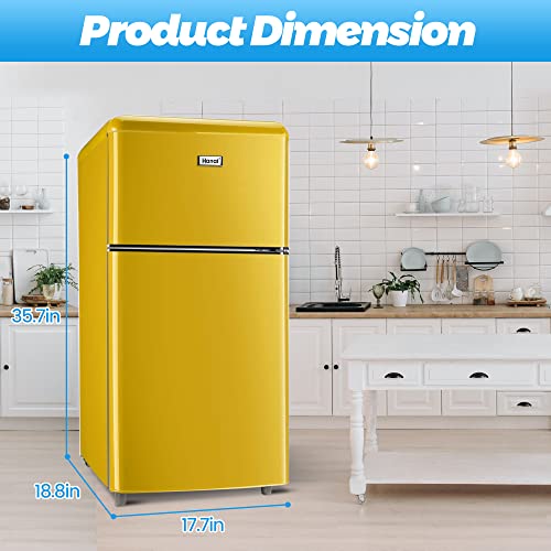 WANAI MIni Freezer 3.2 Cu.Ft Refrigerator 2 Door 7 Level Adjustable Thermostat Control Top-Freezer Refrigerator Lock Fresh Energy Saving Yellow