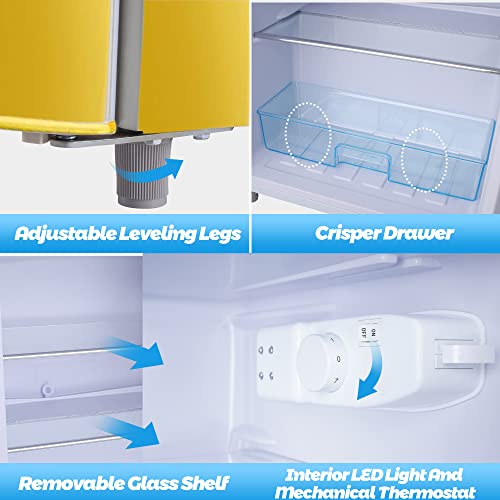 WANAI MIni Freezer 3.2 Cu.Ft Refrigerator 2 Door 7 Level Adjustable Thermostat Control Top-Freezer Refrigerator Lock Fresh Energy Saving Yellow