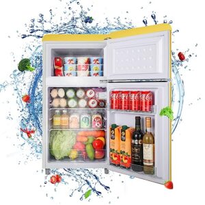 wanai mini freezer 3.2 cu.ft refrigerator 2 door 7 level adjustable thermostat control top-freezer refrigerator lock fresh energy saving yellow