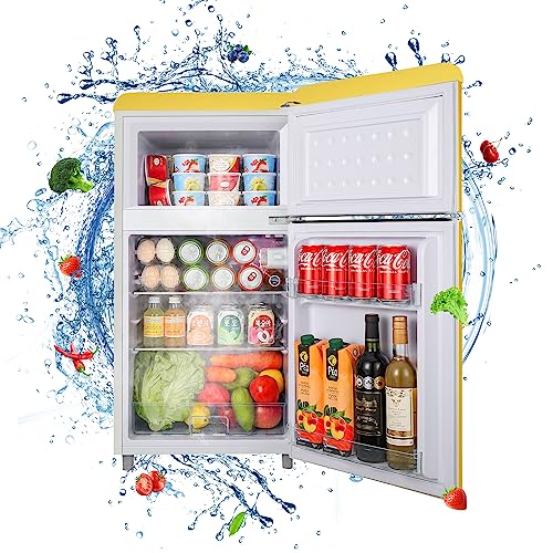 WANAI MIni Freezer 3.2 Cu.Ft Refrigerator 2 Door 7 Level Adjustable Thermostat Control Top-Freezer Refrigerator Lock Fresh Energy Saving Yellow