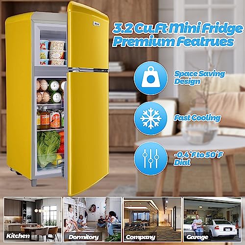 WANAI MIni Freezer 3.2 Cu.Ft Refrigerator 2 Door 7 Level Adjustable Thermostat Control Top-Freezer Refrigerator Lock Fresh Energy Saving Yellow