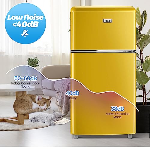 WANAI MIni Freezer 3.2 Cu.Ft Refrigerator 2 Door 7 Level Adjustable Thermostat Control Top-Freezer Refrigerator Lock Fresh Energy Saving Yellow