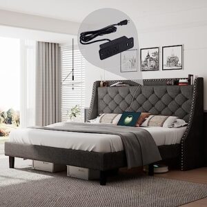 feonase king size bed frame with type-c & usb charging station, upholstered platform bed frame with huge wingback & storage headboard, solid wood slats, no box spring needed, easy assemble, dark gray