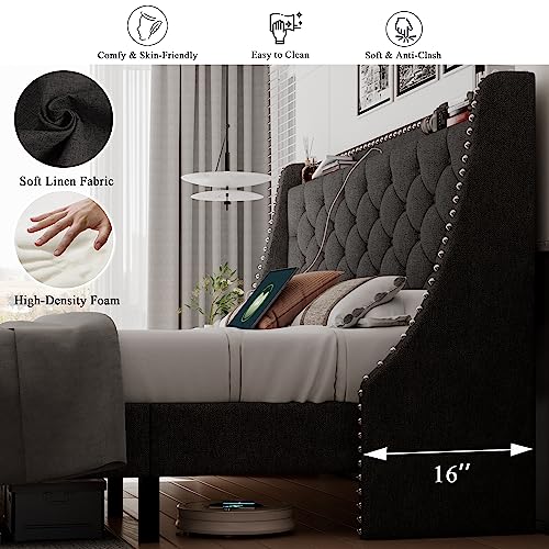 Feonase King Size Bed Frame with Type-C & USB Charging Station, Upholstered Platform Bed Frame with Huge Wingback & Storage Headboard, Solid Wood Slats, No Box Spring Needed, Easy Assemble, Dark Gray