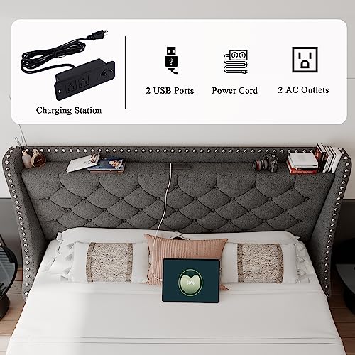 Feonase King Size Bed Frame with Type-C & USB Charging Station, Upholstered Platform Bed Frame with Huge Wingback & Storage Headboard, Solid Wood Slats, No Box Spring Needed, Easy Assemble, Dark Gray