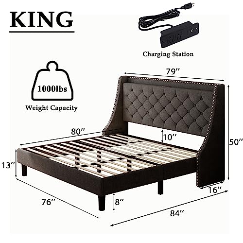 Feonase King Size Bed Frame with Type-C & USB Charging Station, Upholstered Platform Bed Frame with Huge Wingback & Storage Headboard, Solid Wood Slats, No Box Spring Needed, Easy Assemble, Dark Gray